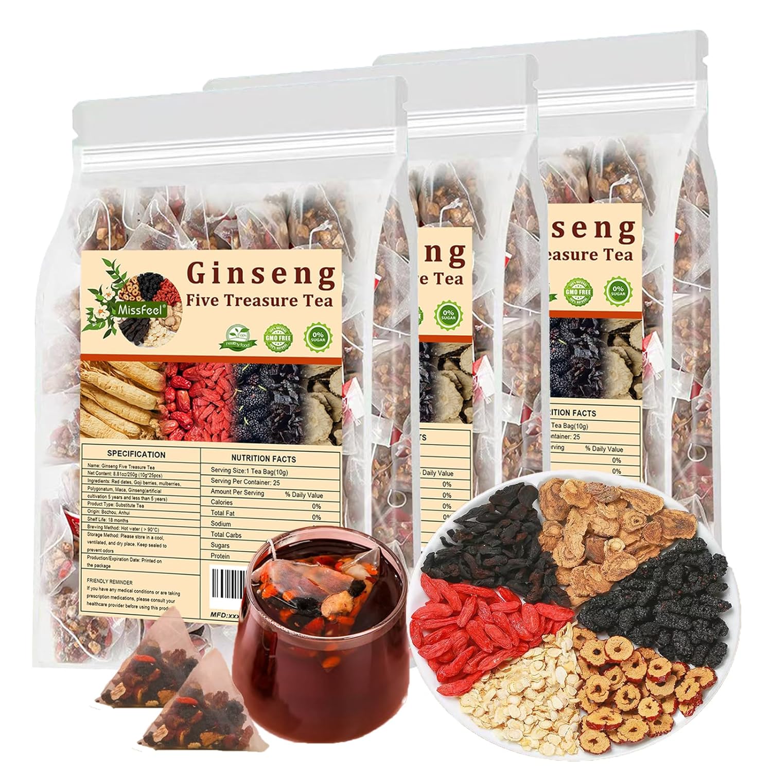 Ginseng Five Treasure Tea – Premium Chinese Herbal Tea for Energy & Kidney Health (25 Bags)
